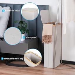 Smalle Wasmand 63L, Smalle Wasmand met Deksel, Lichtgrijze Linnenmand Opvouwbaar met Bamboe Handgrepen en Verwijderbare Zak voor Slaapkamer, Badkamer, Wasruimte — thumbnail 5