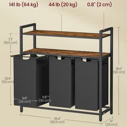 Wasmand 3-vaks kledingopslagrek met 3 uitneembare en afneembare 40L binnenzakken en 2-laags opbergplanken eenvoudig te monteren en te reinigen stevig en duurzaam metalen frame geschikt voor badkamer en wasruimte 92.5 x 33 x 92 cm bruin + zwart — thumbnail 2
