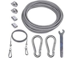 2 m draadkabel 3 mm met PVC-gecoate roestvrijstalen kabel, karabijnhaak M6, krimplus draadkabelklem en mini-schroefsleutel voor Lanyard, waslijn, tenttouwen (2 m)