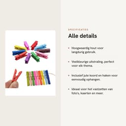 Dailygoods- Wasknijpers 50 Stuks - Houten Wasknijpers - Kleine Wasknijpers - Mini Wasknijpers - Fotoclips - Jute Koord 10m - Fotoknijpers — thumbnail 4