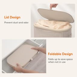 Smalle Wasmand 75L met Deksel – Opvouwbare Wassorteerder met Kunststof Frame – Grote Wasverzamelaar voor Slaapkamer & Badkamer – Beige — thumbnail 2