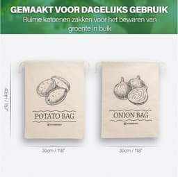 Aardappel en Ui Opbergzak - Groente Bewaartas - Verse Groenten Bewaren - Ademend Katoen - 40x30 cm - Natuurlijk — thumbnail 5