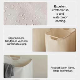 1 stuk - Wasmand - Katoen en linnen - Wasmand voor huishoudelijk gebruik - Handig - Opvouwbaar - Handzame opbergmand - Houten handvat - 40*30*60 cm - Gebroken wit — thumbnail 2