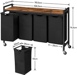 Deniva - Wasmand - Wassorteerder - 4 Vakken - Wasmandkast - 4 x 40L - Uitschuifbare waszakken - Op Wielen - 110,5x33x74,5cm - Hout — thumbnail 2