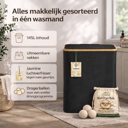 Vellano Wasmand 3 Vakken – Wassorteerder met Deksel – 145L – 3 Uitneembare Waszakken – Bamboe Frame – Incl. Drogerballen & Jasmijn Geurverfrisser — thumbnail 3