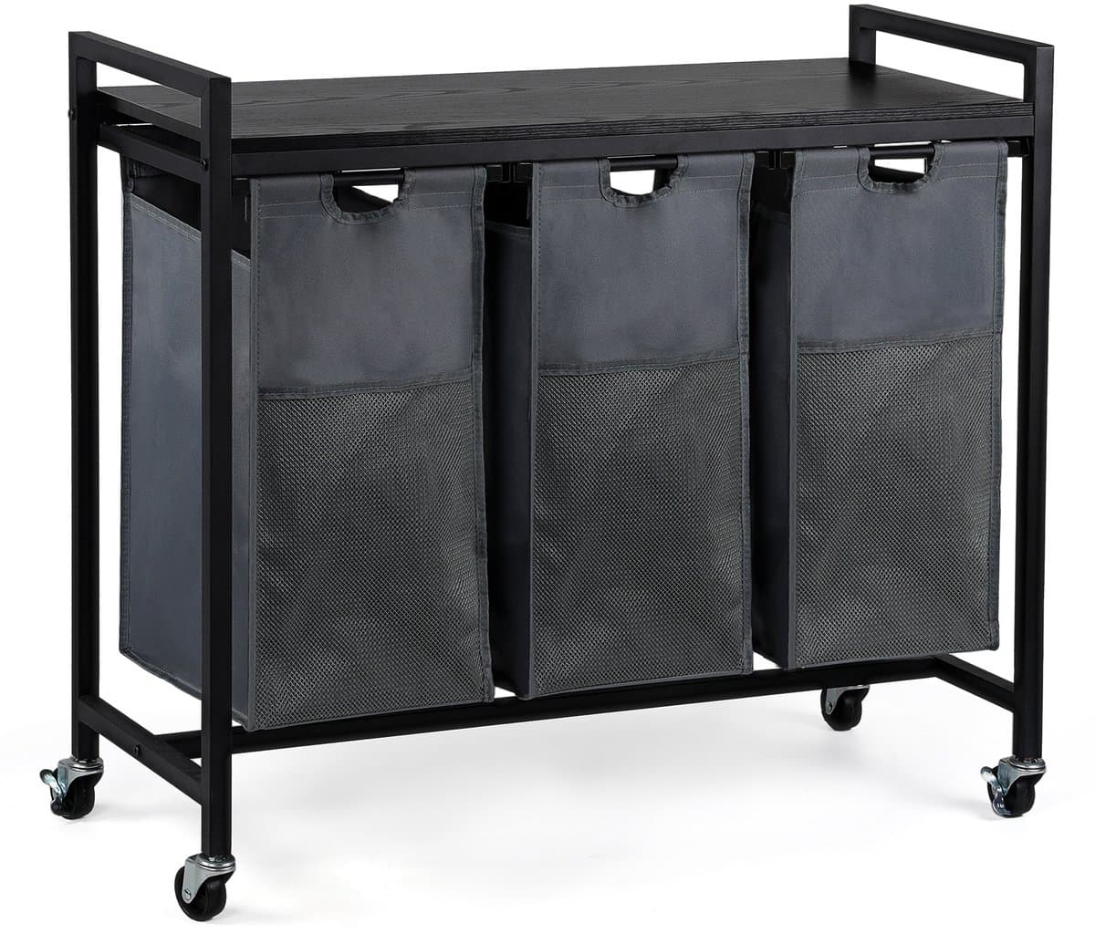 CALIYO Wasmand 3 Vakken - Wassorteerder - Uitschuifbaar - Eenvoudige Montage - 84 x 33 x 75 cm - 117L Capaciteit - 3 Zakken - Bruin Hout - Zwart Metaal - Wasmanden - Wasbox — afbeelding 1