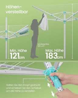 Furnstar Droogrek in hoogte verstelbaar 50 m waslijn voor 5 wasmachineladingen outdoor tuin met bodemhuls wasknijpers zilver-groen LLR301E01 — thumbnail 5