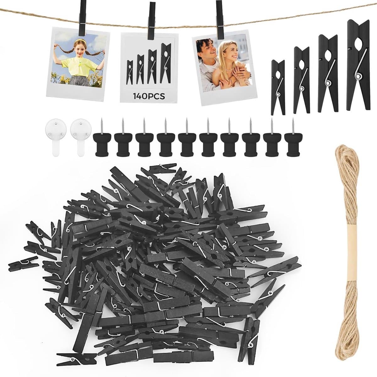 Mini Houten Clips voor Foto's - Set van 140 Stuks met Jute Touw - Perfect voor Bruiloft en DIY Decoratie — afbeelding 1