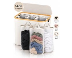 Bellettini® Opvouwbare Wasmand met Deksel - 3 Compartimenten - 600D Oxford Materiaal- Wassorteerder - 148 Liter - Beige
