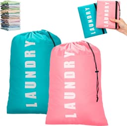 2 stuks - waszak - reis waszak - waszak met trekkoord - grote waszak - waszak voor student - tas voor vuile was - lichtgewicht waszak - Groen + Roze - 90cmx60cm - 80L waszak — thumbnail 1