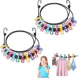Intrekbare waslijn voor op reis - 1,8 meter lang - 2 stuks - inclusief 12 wasknijpers - draagbaar voor camping en outdoor gebruik — thumbnail 3