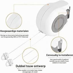 Verstelbare Wand Kledinglijn voor Buitengebruik - Dubbele Oprolbare Drooglijn met 2 Rollen voor Efficiënt Drogen van Kleding en Handdoeken — thumbnail 2