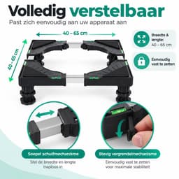Wasmachine Verhoger Verstelbaar – Wasmachine Onderstel 40-65 cm – Hoogte 10-13 cm – Draagkracht 200 kg – Met Waterpas & Antislip – Voor Wasmachine, Droger en Koelkast — thumbnail 5