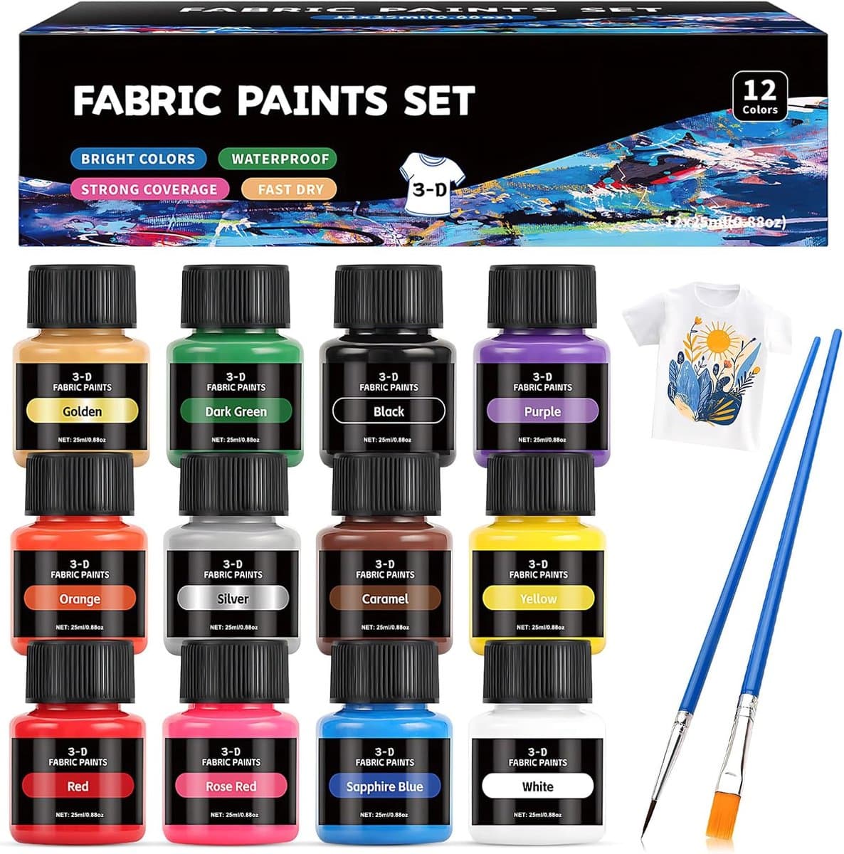 12 x 25 ml stofverf, verf voor permanente stoffen, wasbare stofkleur, kan worden gebruikt voor het schilderen van kleding, schoenen en linnen tassen, 2 borstels — afbeelding 1