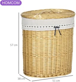 Wilgen wasmand met deksel - Handvat - Verwijderbare waszak - Voor badkamer wasruimte en slaapkamer - Naturel — thumbnail 2