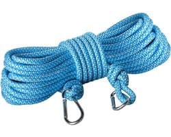 Waslijn 15 m, 8 mm polypropyleen touw, sterk veelzijdig waslijn met zinklegering, karabijnhaak voor wasdroger tuin, camping, blauw