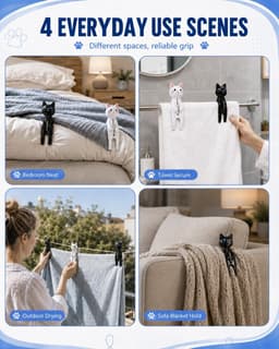 Wasknijpers in kattendesign, groot en robuust, antislip, perfect voor het ophangen van dekens, gordijnen en handdoeken, praktisch voor thuis en op reis — thumbnail 3