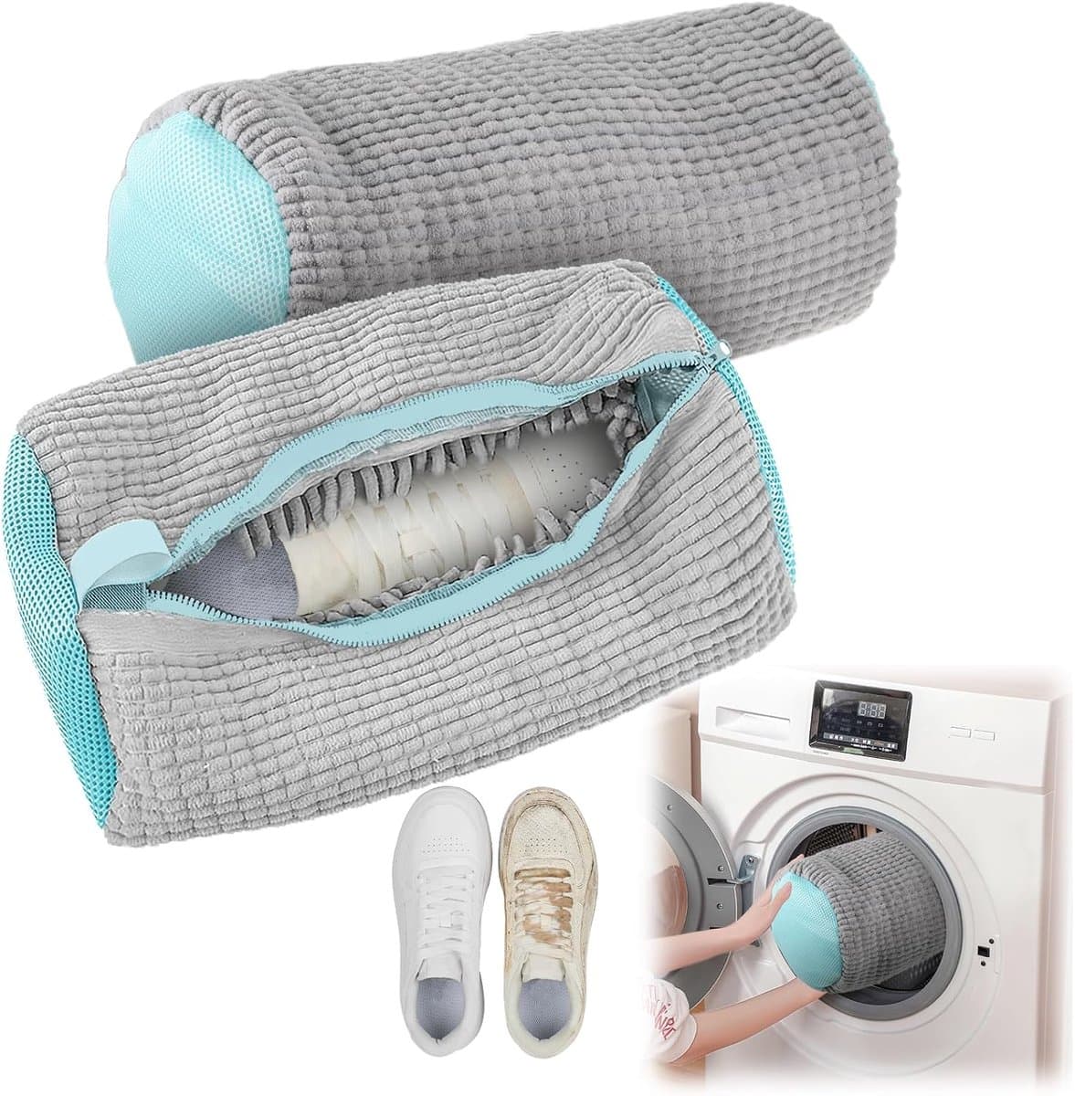 Wasmachine, 2 stuks, multifunctionele bescherming, schoenenzak, waszak, herbruikbare waszak, schoenen voor alle soorten en maten, beschermt zowel schoenen als wasmachine (grijs) — afbeelding 1