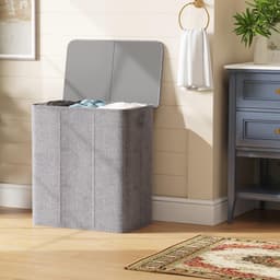 Wasmand 160L – 3 Vakken Wassorteerder – 3 Uitneembare Waszakken – Met Deksel – Opvouwbaar – Lichtgrijs — thumbnail 4