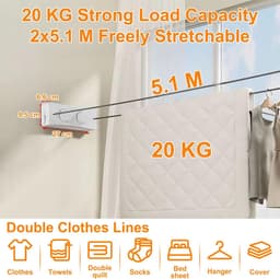 SnelShoppen - Retractable Indoor Clothesline met 2 Lijnen, Wandmontage, Rvs Kledinglijn voor Balkon, Badkamer, Keuken, Hotel, Wit — thumbnail 4