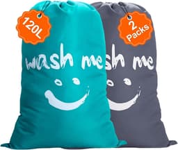 Waszakken, 120 l, nylon, vuilafstotend, stofdicht, waszakken voor reizen, opbergtas voor kleding, speelgoed, dekbedden, donkergrijs + blauw — thumbnail 1