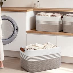 Geweven wasmand van katoenkoord, 45L, opbergmand met leren handvatten, mand voor dekens, kleding, speelgoed, wasmand voor kinderkamer of woonkamer, 45x35x27 cm, wit en donkerbruin — thumbnail 5