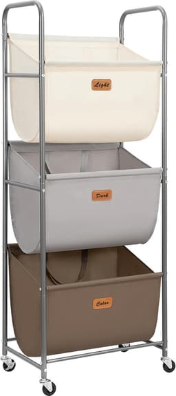 MANIAC 120 liter verticale rollende wasmand, 3 secties wassorteerder met wielen en 2 pauzes, 3-laags wasmanden voor kleine ruimte, slaapzaal, wasruimte, kast, veelkleurige 3-laags — thumbnail 1