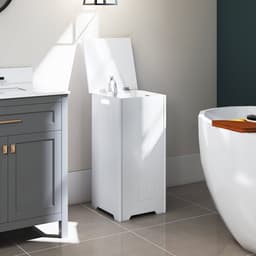 COSTWAY Wasmand vrijstaand, houten wasverzamelaar met deksel en tas, opbergkast badkamer, badkamerkast, wit — thumbnail 3