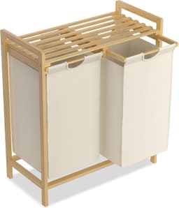Wasmand met 2 vakken - 36 liter wasverzamelaar en wassorteerder met bamboe bovenkant en handgrepen - Geschikt voor bijkeuken en badkamer - Beige — thumbnail 1