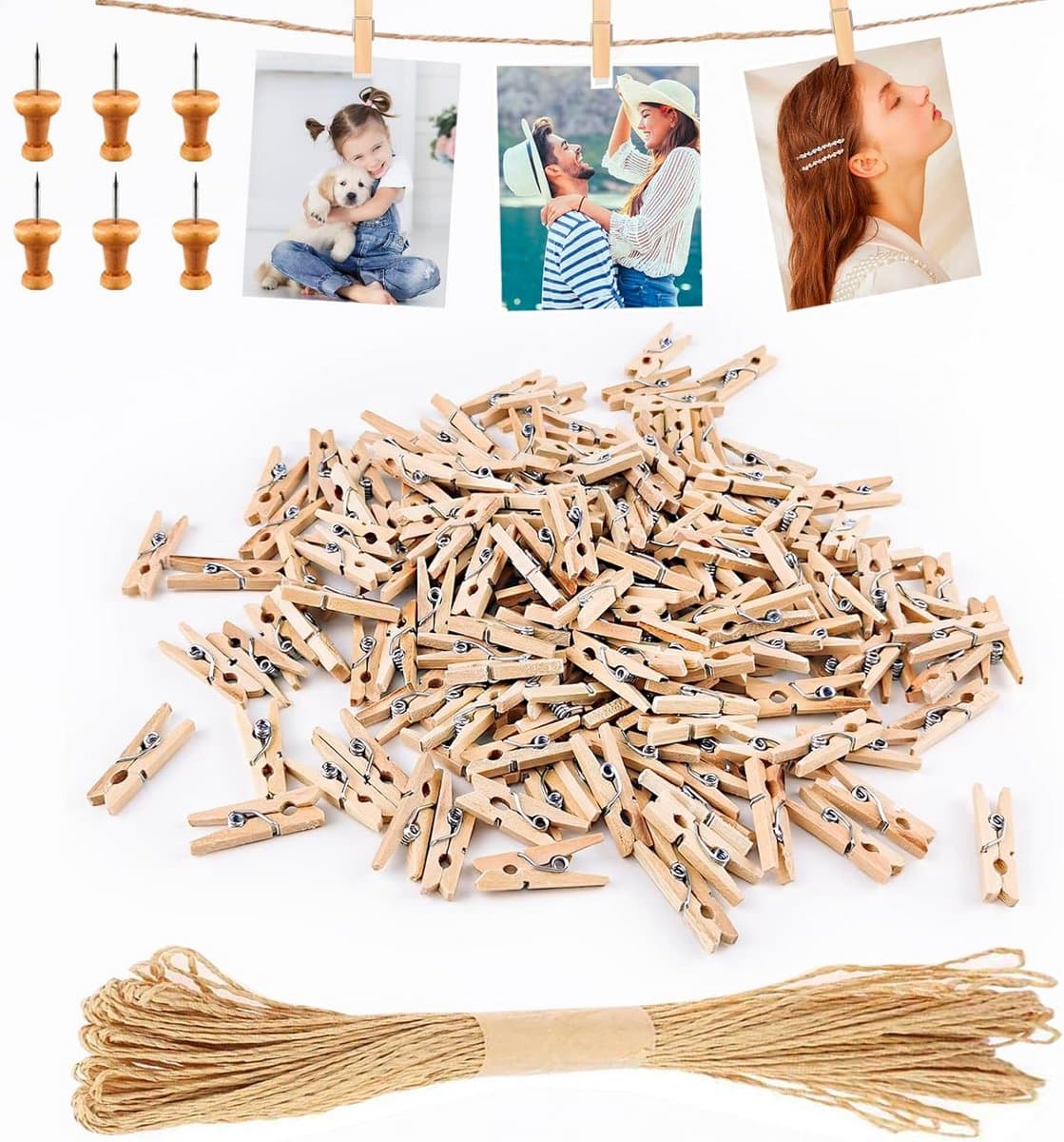 150 Houten Knijpers met Jute Touw voor Fotomuur en Decoratie — afbeelding 1