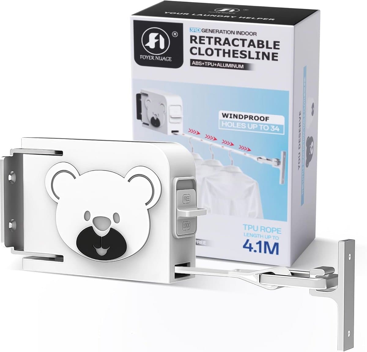 Wandgemonteerde intrekbare waslijn, 4,1 m lange uitschuifbare waslijn voor binnen en buiten, ABS+TPU+ALUMINIUM materiaal - wit — afbeelding 1