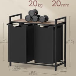 Dubbele wasmand opbergmand vuilewasmand 73×33×72 cm naturel+zwart met streepjes-opbergrek en uittrekbare afneembare binnenzak stevig metalen frame verstelbare poten multifunctioneel kledingorganizer geschikt voor wasruimte badkamer en slaapkamer — thumbnail 2