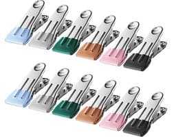 Set van 12 RVS Klemmen voor Kleding met Haken - Winddichte Kleuren Kledingknijpers - Stevige Kledingclips voor Buiten - Ideaal voor Kledinglijn, Chipzakken en Voedsel