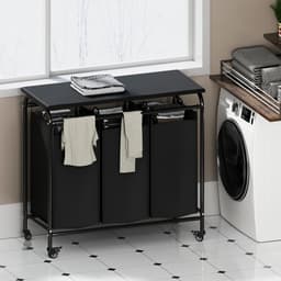 Wishdor Luxe Wasmand met Wielen 3 Vakken - Wassorteerder met Strijkplank & Opvouwtafel - Uitneembare Waszakken - Zwart (80,5 x 42,4 x 78,5 cm) — thumbnail 3