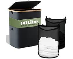 Nince Wasmand - 2 Vakken - 141L - Met Deksel - Wassorteerder - Uitneembare Waszakken - Bamboe - Opvouwbaar - Zwart — afbeelding 1