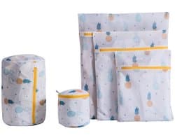 5 stuks - Waszakken - Met rits - Waszakken voor de wasmachine - Klein, middelgroot, groot, cilindrisch, bh-zakken - Ananaspatroon - Waszakken van mesh - Geschikt voor de wasmachine - Kledingorganizers voor op reis - Wit