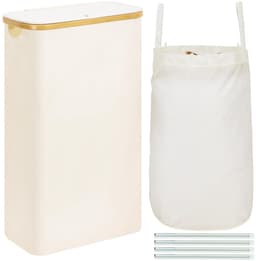 ROSOS Wasmand met deksel, 65L opvouwbare smalle wasmand met uitneembare waszak, slanke wasmand beige, wasverzamelaar met deksel en bamboe handvat, smalle en hoge wasmand met deksel — thumbnail 1