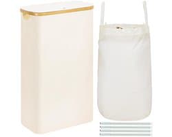 ROSOS Wasmand met deksel, 65L opvouwbare smalle wasmand met uitneembare waszak, slanke wasmand beige, wasverzamelaar met deksel en bamboe handvat, smalle en hoge wasmand met deksel