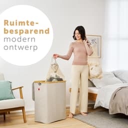 RFWR® Wasmand met 3 Uitneembare Zakken en Deksel - Smalle Bamboe Wasbox voor Efficiënte Sortering en Statiegeldflessen - Beige — thumbnail 5