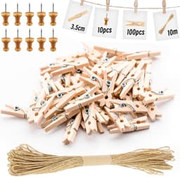 100 Houten Wasnijpers Mini Clips voor Foto's en Decoratie met Ophangmateriaal — thumbnail 1