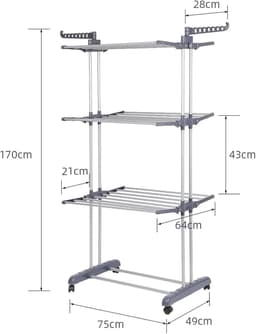 Droogrek met wieltjes - Wasrek toren - Kleding drogen - 4 etages en vleugels - 170 cm hoog - Grijs — thumbnail 5
