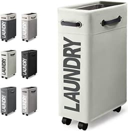 Wasmand met Wieltjes 45L Extra Smal Inklapbare Wasmand met Wielen Opvouwbare Dunne Wasmand met Handvat Praktische Opbergboxvoor Slaapkamers en Wasruimte (Gebroken Wit o2) — thumbnail 1