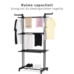 Inklapbaar Wasrek - Droogtoren - Kleding Droogrek - Staal en Kunststof - 75x64x178 cm - Met Wieltjes - Zwart - Inclusief EBOOK — thumbnail 4