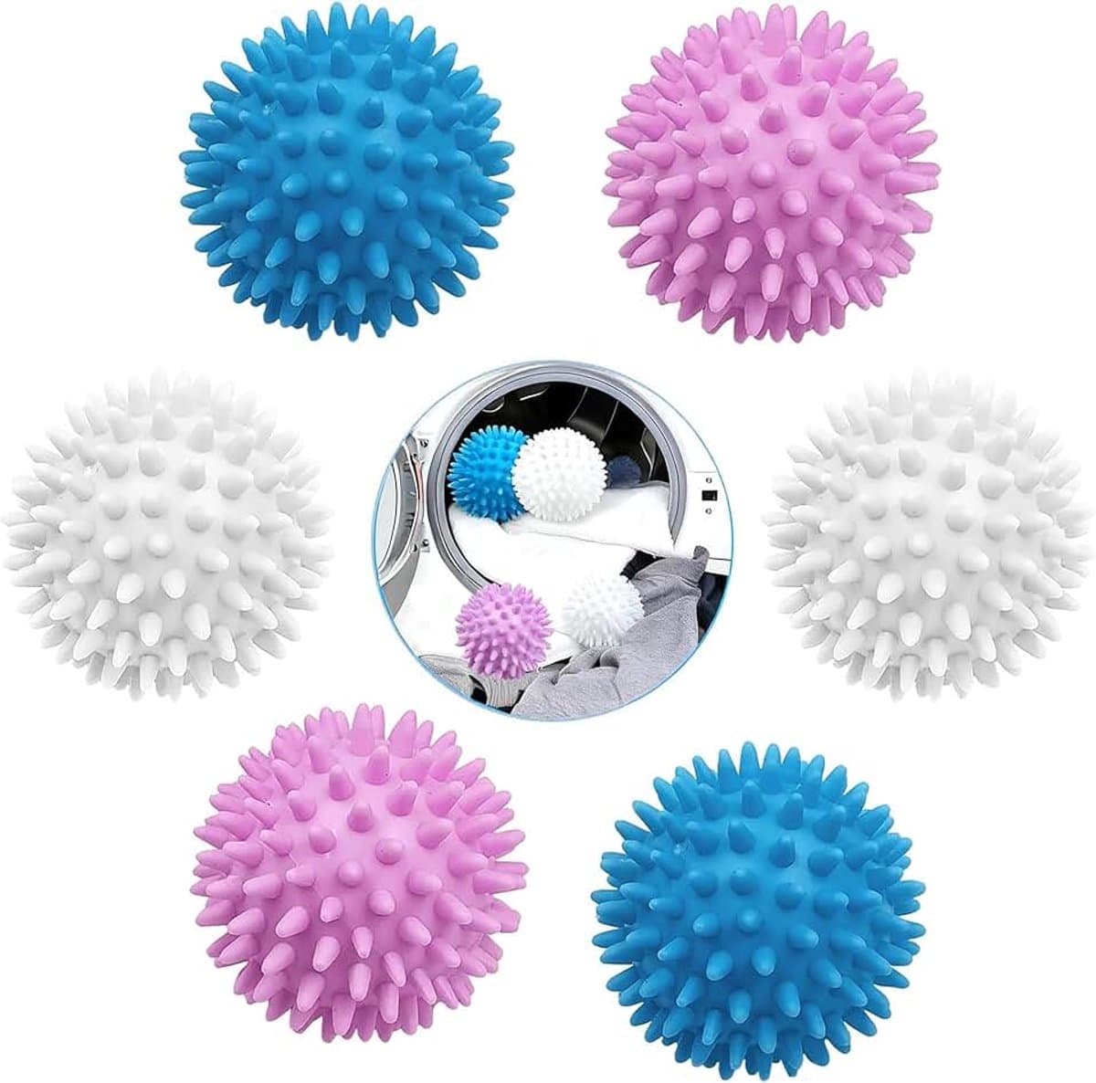 6 stuks, herbruikbare wasballen voor wasdroger & wasmachine - vervanger van wasverzachter, anti-klonteren, snellere droging voor donsjassen & kleding (Wit, Blauw, Paars) — afbeelding 1
