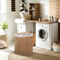 MEUNIQ Wasmand 100L met deksel 52 x 32 x 63 cm, bamboe wasbox met uitneembare canvas waszak, 2 vakken voor wassortering, handgrepen en ventilatiegaten, naturel — thumbnail 1