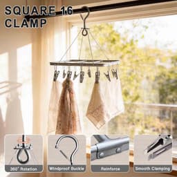 Droogrek met 16 clips, opvouwbare sokkendroger van aluminium, 360° draaibaar, hangend wasrek voor badkamer, balkon en camping — thumbnail 2