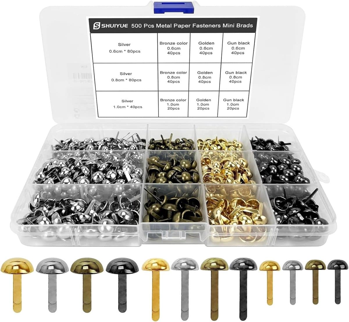 SnelShoppen - 500 Stuks Mini Brads Patroon Tas Clips Rond Hoofd Klemmen voor School Kantoor Papier - Multifunctionele Kleurige Klemmen in 4 Kleuren en — afbeelding 1