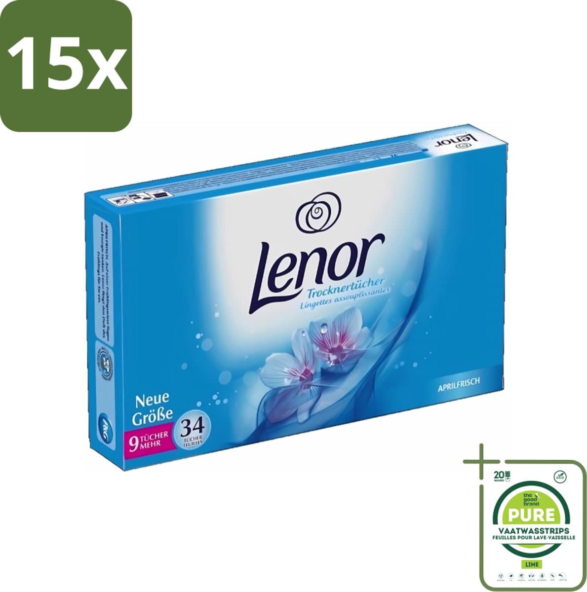 15 x Lenor - Droogtrommeldoekjes - Aprilfris - Textielverfrisser - 34 Doekjes - Grootverpakking - Droogtrommeldoekjes - Frisheid - Wasdoekjes - Statische Elektriciteit - Textielverfrisser — afbeelding 1