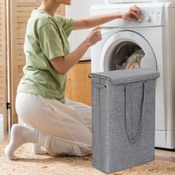 Wasmand met Deksel - Vuilnisbak Organizer - Kleding Opbergen - Verstevigde Bodem - 60 cm Hoog - Grijs — thumbnail 4