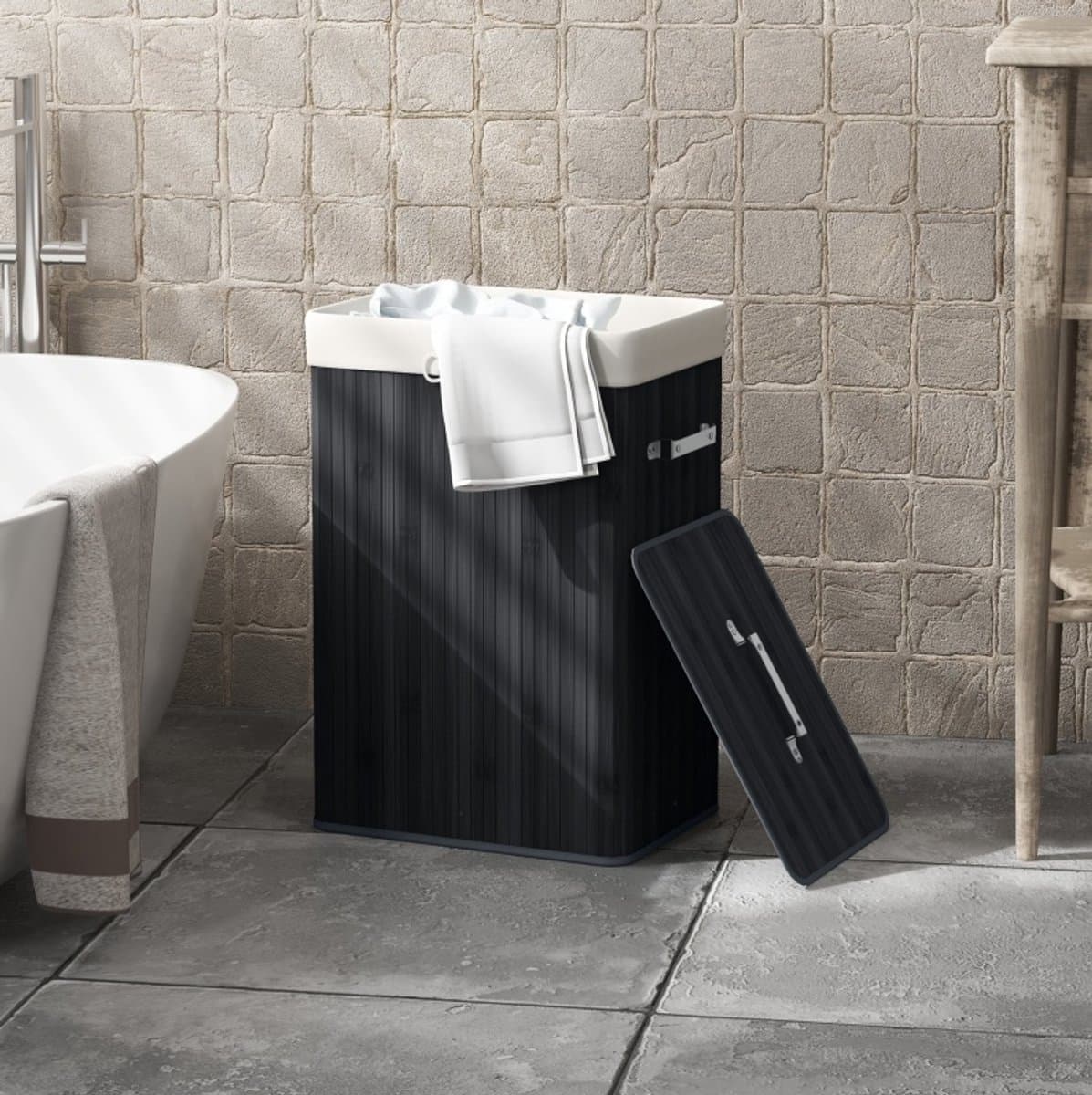 REDOM - Waskorf met deksel - 72L inhoud - Uitneembare waszak en handgrepen - Vouwbaar - Badkamer of wasruimte - Bamboe en zeildoek - Zwart - 40 x 30 x 60 cm — afbeelding 1